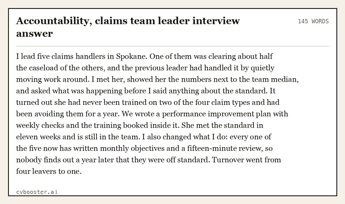 Complete Accountability, claims team leader interview answer example, 145 words, laid out as it would sit in the application form