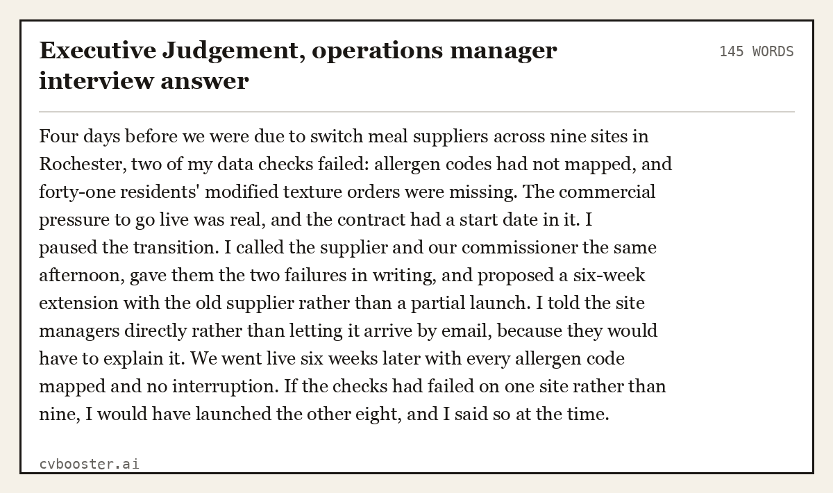 Complete Executive Judgement, operations manager interview answer example, 145 words, laid out as it would sit in the application form