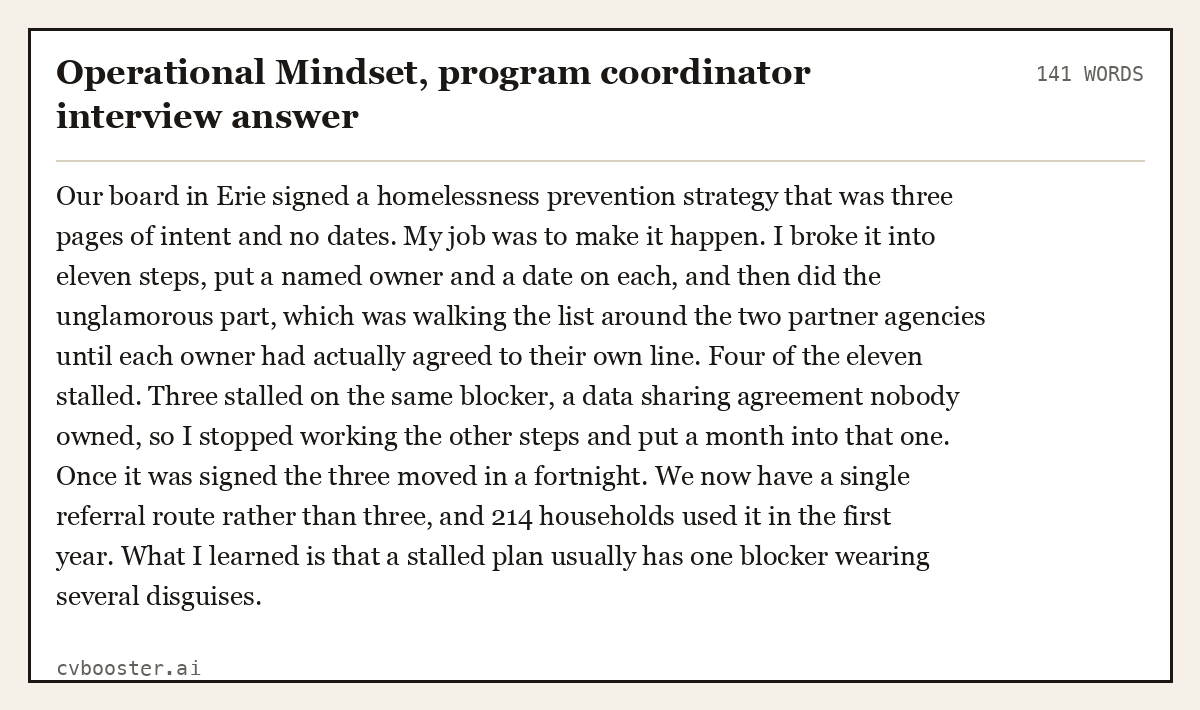 Complete Operational Mindset, program coordinator interview answer example, 141 words, laid out as it would sit in the application form