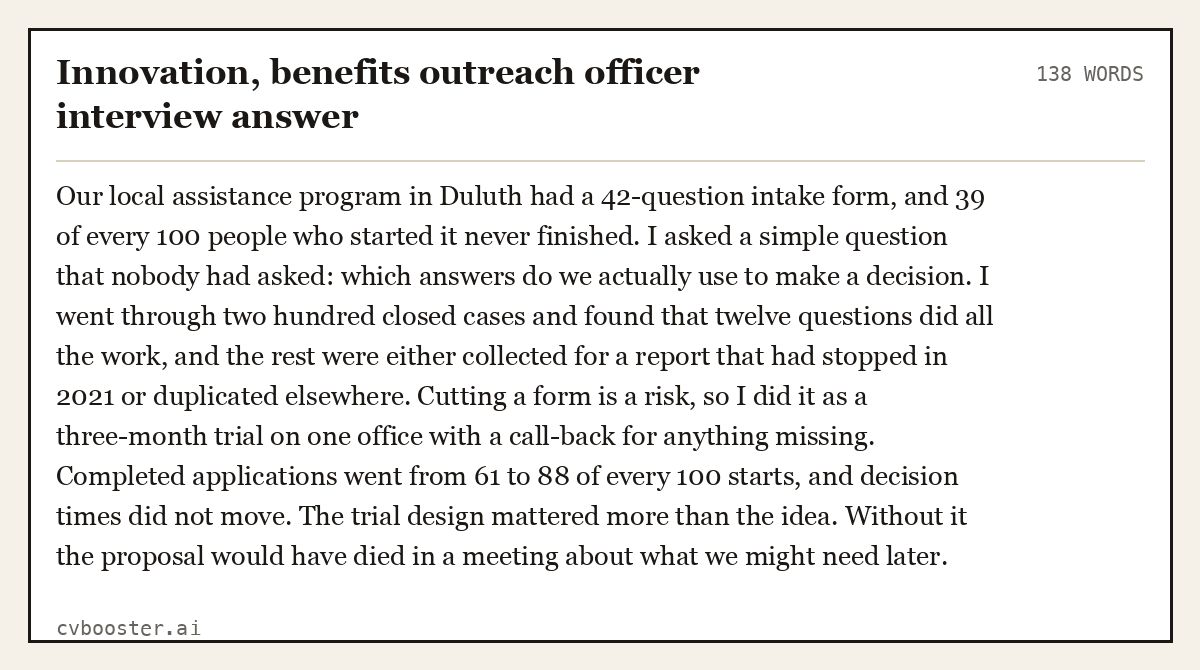 Complete Innovation, benefits outreach officer interview answer example, 138 words, laid out as it would sit in the application form