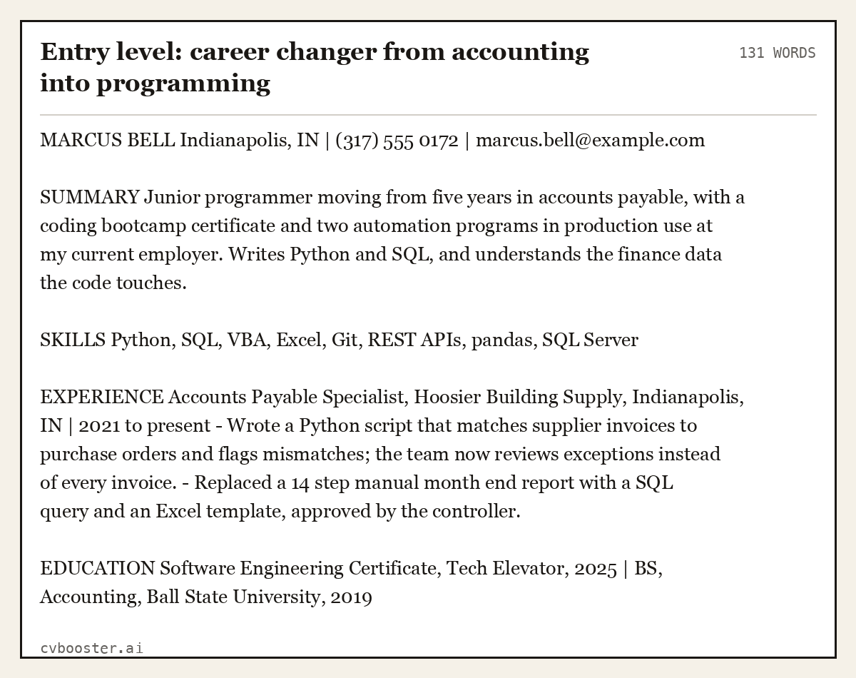 Complete Entry level: career changer from accounting into programming example, 131 words, laid out as it would sit in the application form