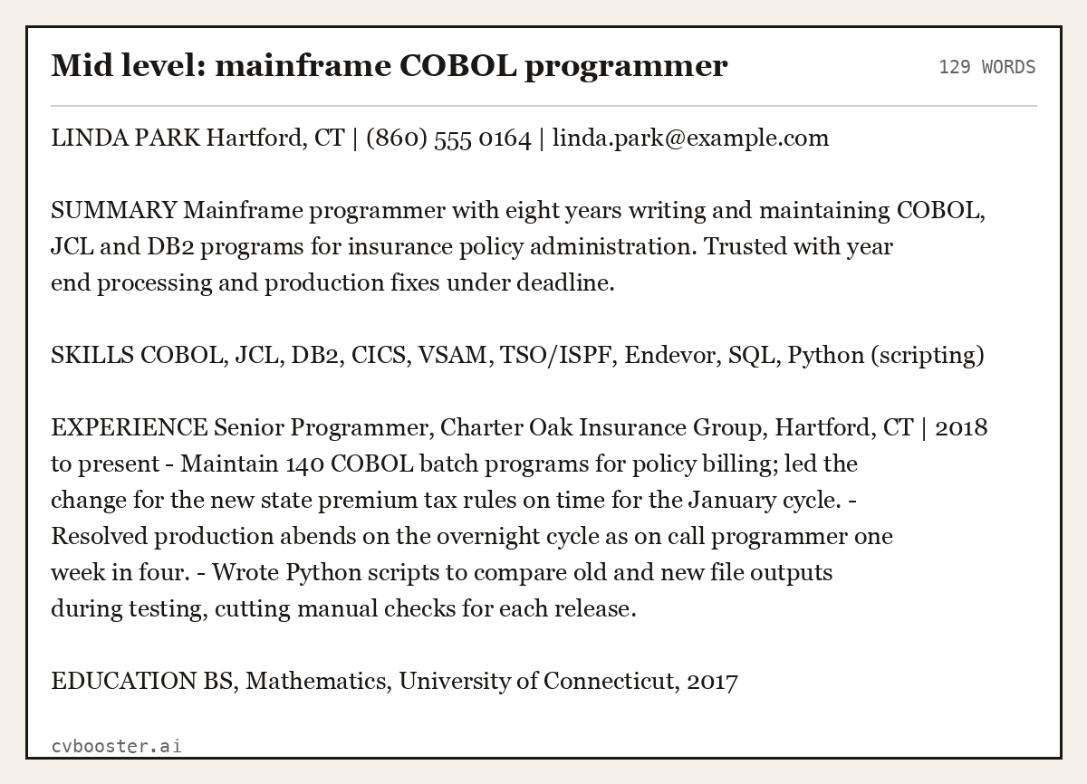 Complete Mid level: mainframe COBOL programmer example, 129 words, laid out as it would sit in the application form