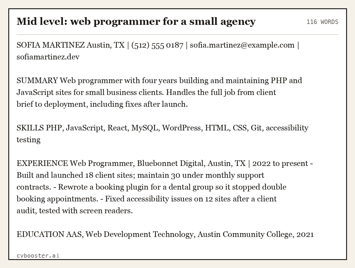 Complete Mid level: web programmer for a small agency example, 116 words, laid out as it would sit in the application form