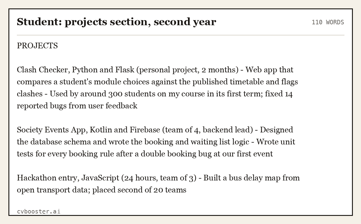 Complete Student: projects section, second year example, 110 words, laid out as it would sit in the application form