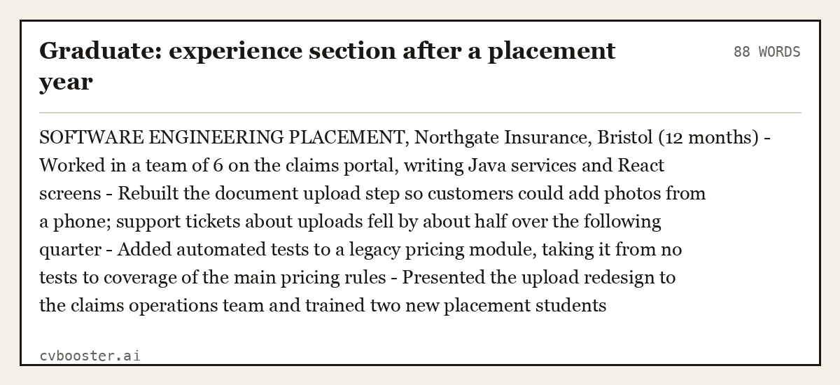 Complete Graduate: experience section after a placement year example, 88 words, laid out as it would sit in the application form