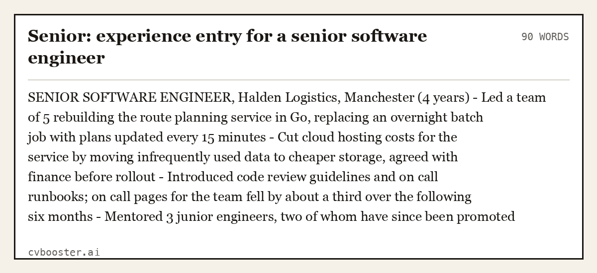 Complete Senior: experience entry for a senior software engineer example, 90 words, laid out as it would sit in the application form