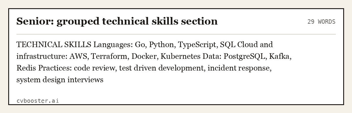 Complete Senior: grouped technical skills section example, 29 words, laid out as it would sit in the application form