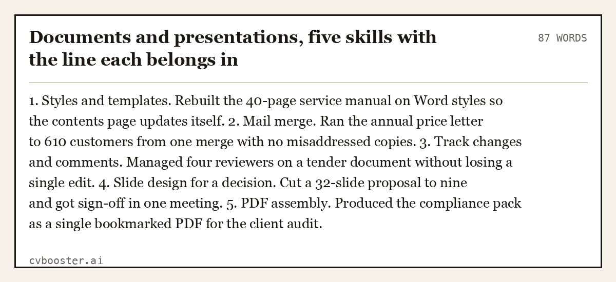 Complete Documents and presentations, five skills with the line each belongs in example, 87 words, laid out as it would sit in the application form