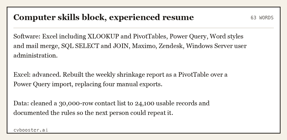 Complete Computer skills block, experienced resume example, 63 words, laid out as it would sit in the application form
