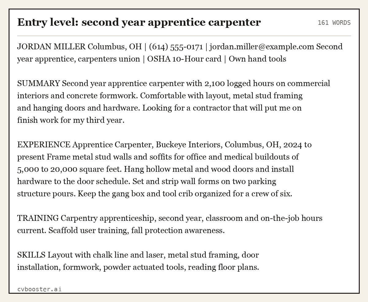 Complete Entry level: second year apprentice carpenter example, 161 words, laid out as it would sit in the application form