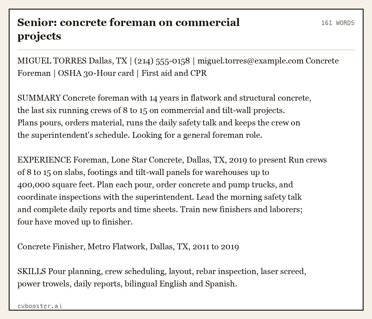 Complete Senior: concrete foreman on commercial projects example, 161 words, laid out as it would sit in the application form