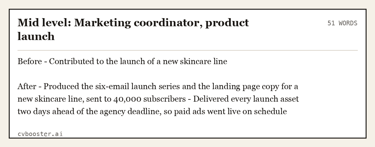 Complete Mid level: Marketing coordinator, product launch example, 51 words, laid out as it would sit in the application form