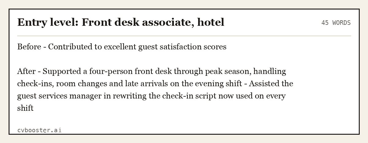 Complete Entry level: Front desk associate, hotel example, 45 words, laid out as it would sit in the application form