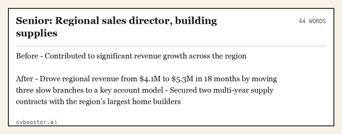 Senior: Regional sales director, building supplies, complete example, 44 words