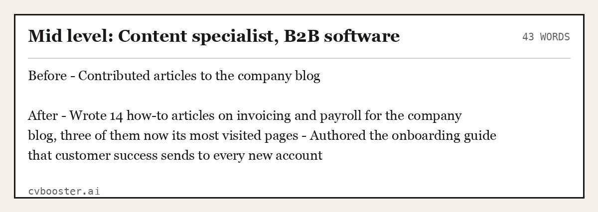 Complete Mid level: Content specialist, B2B software example, 43 words, laid out as it would sit in the application form