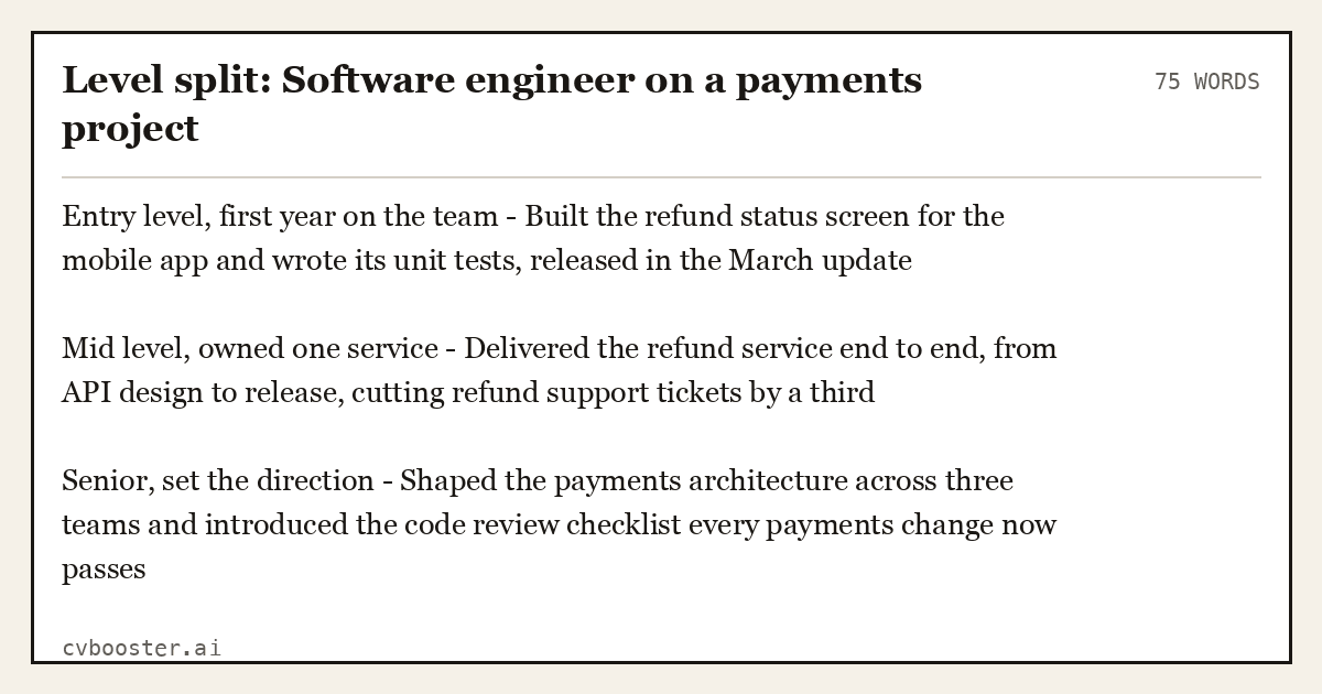 Level split: Software engineer on a payments project, complete example, 75 words