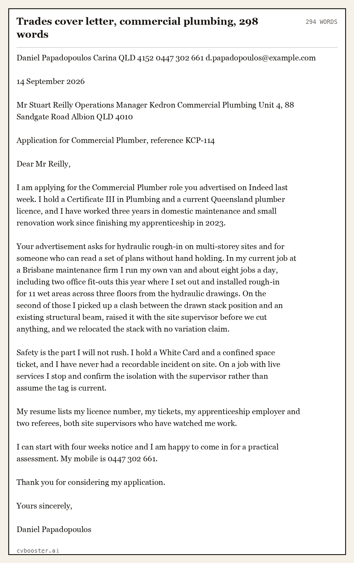 Complete Trades cover letter, commercial plumbing example, 294 words, laid out as it would sit in the application form