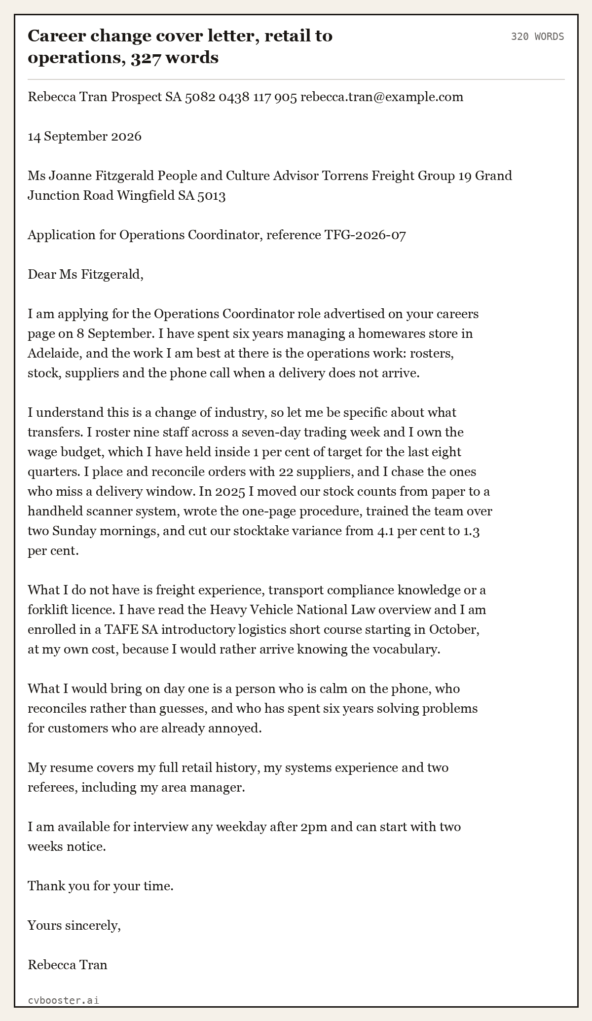 Complete Career change cover letter, retail to operations example, 320 words, laid out as it would sit in the application form