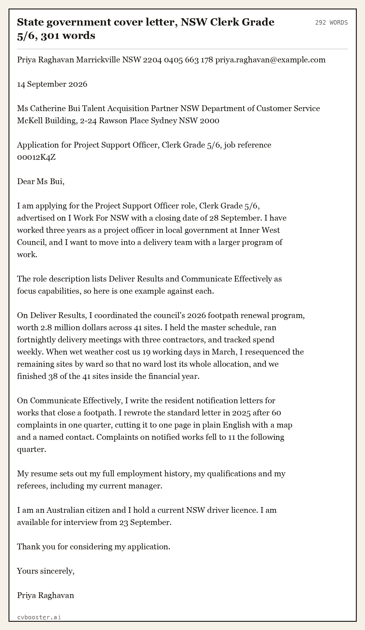 Complete State government cover letter, NSW Clerk Grade 5/6 example, 292 words, laid out as it would sit in the application form