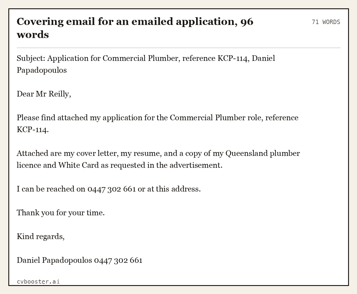 Complete Covering email for an emailed application example, 71 words, laid out as it would sit in the application form
