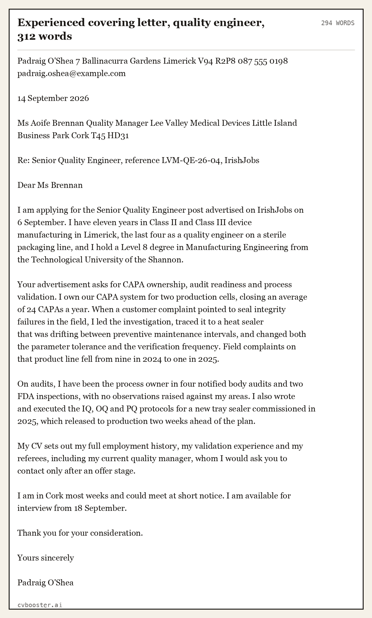 Complete Experienced covering letter, quality engineer example, 294 words, laid out as it would sit in the application form