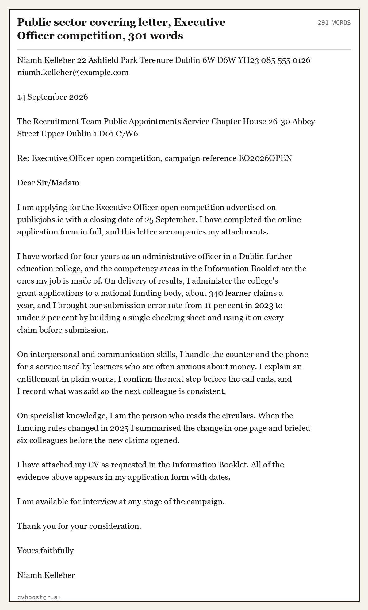 Complete Public sector covering letter, Executive Officer competition example, 291 words, laid out as it would sit in the application form