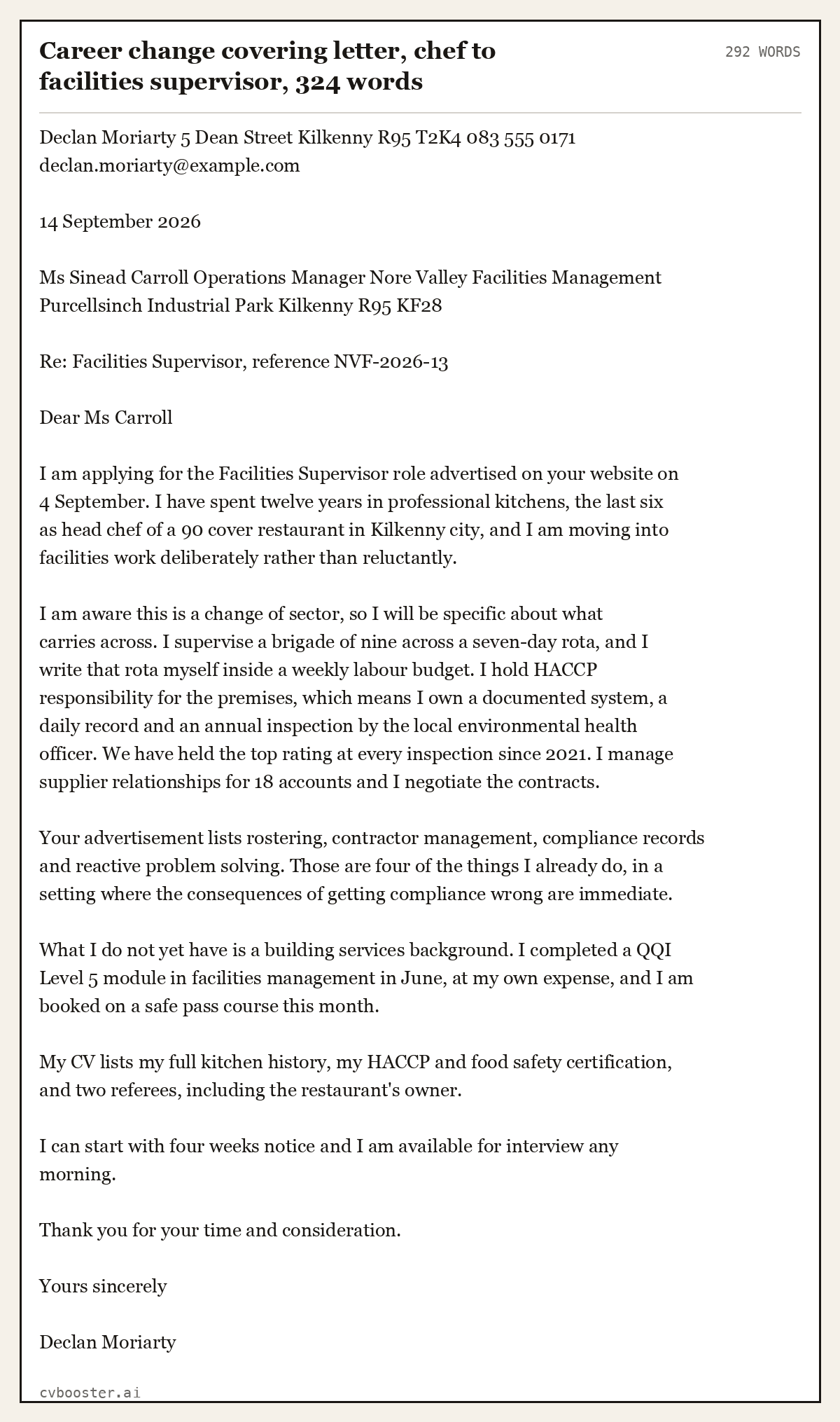 Complete Career change covering letter, chef to facilities supervisor example, 292 words, laid out as it would sit in the application form