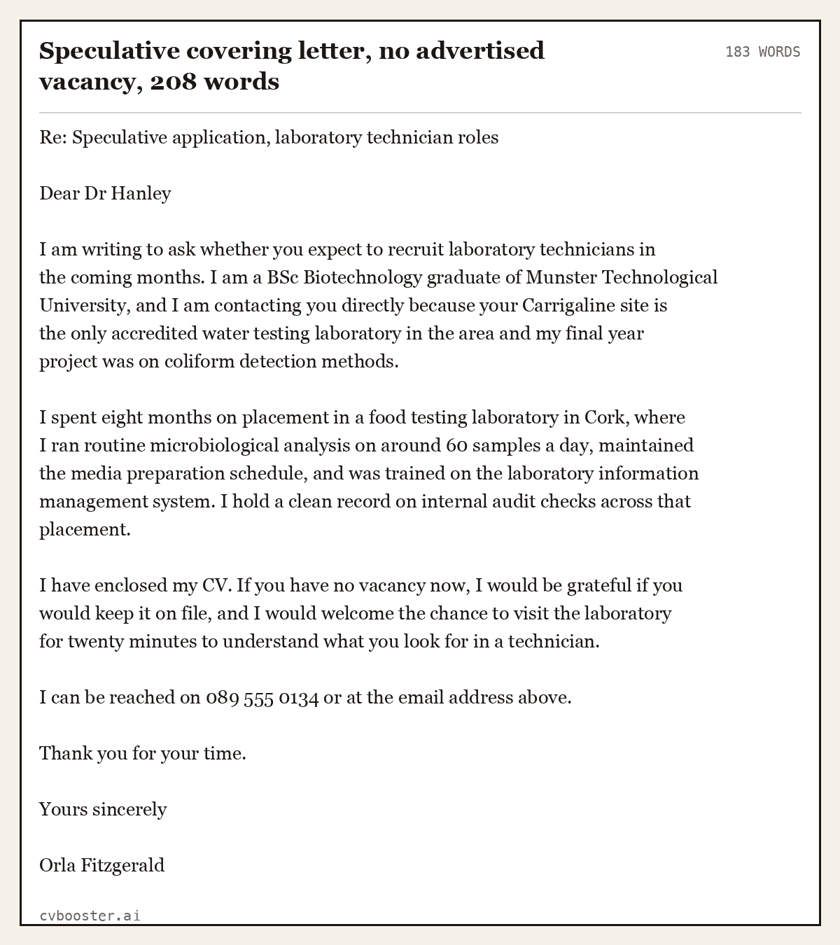 Complete Speculative covering letter, no advertised vacancy example, 183 words, laid out as it would sit in the application form