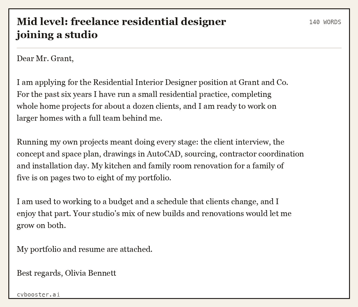 Complete Mid level: freelance residential designer joining a studio example, 140 words, laid out as it would sit in the application form