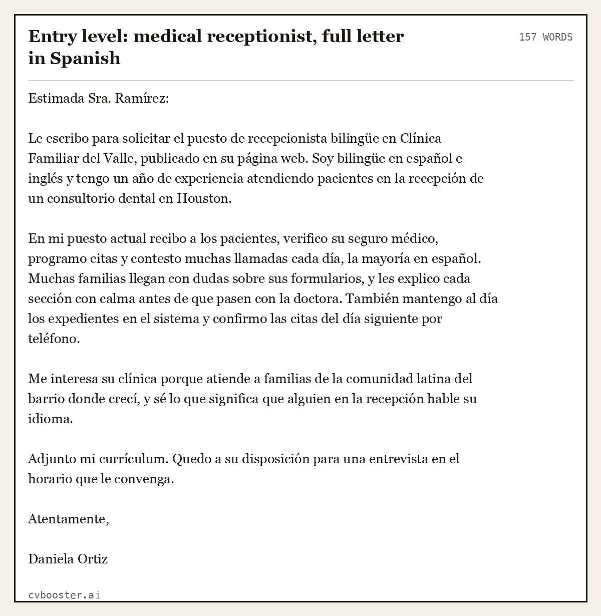 Complete Entry level: medical receptionist, full letter in Spanish example, 157 words, laid out as it would sit in the application form