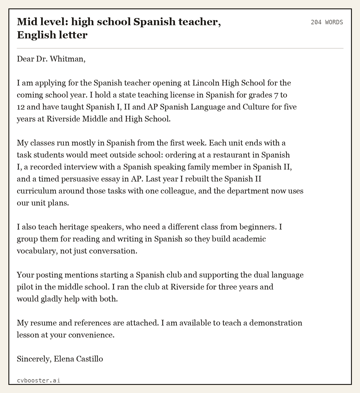 Complete Mid level: high school Spanish teacher, English letter example, 204 words, laid out as it would sit in the application form