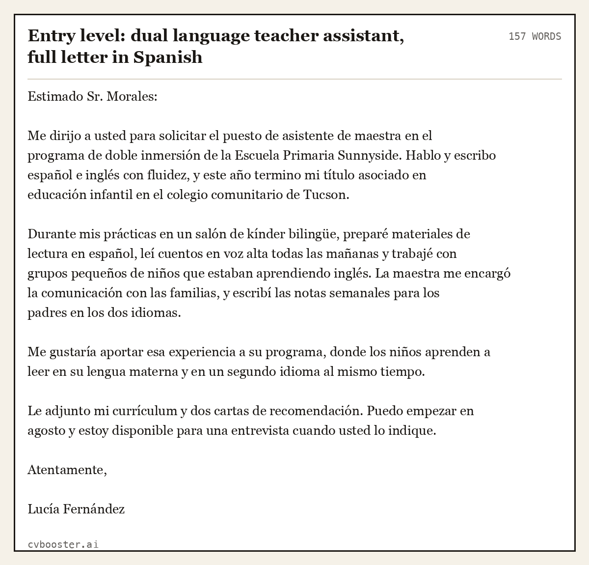 Complete Entry level: dual language teacher assistant, full letter in Spanish example, 157 words, laid out as it would sit in the application form