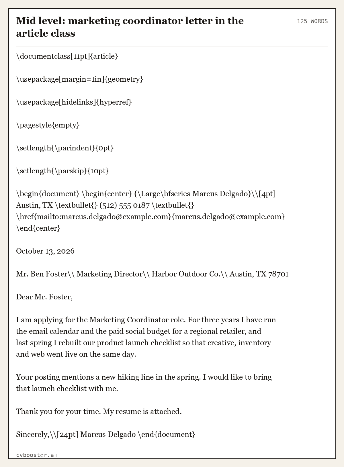 Complete Mid level: marketing coordinator letter in the article class example, 125 words, laid out as it would sit in the application form