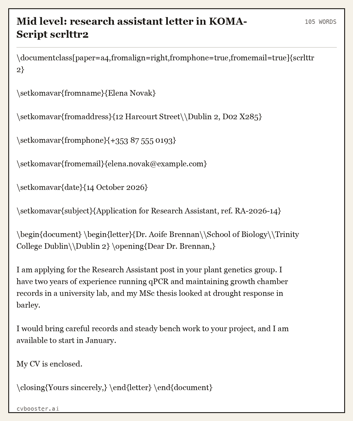 Complete Mid level: research assistant letter in KOMA-Script scrlttr2 example, 105 words, laid out as it would sit in the application form