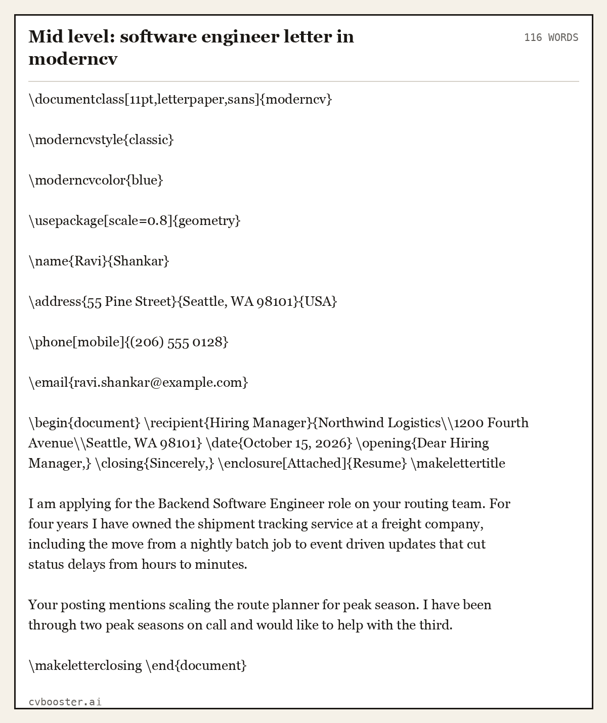 Complete Mid level: software engineer letter in moderncv example, 116 words, laid out as it would sit in the application form