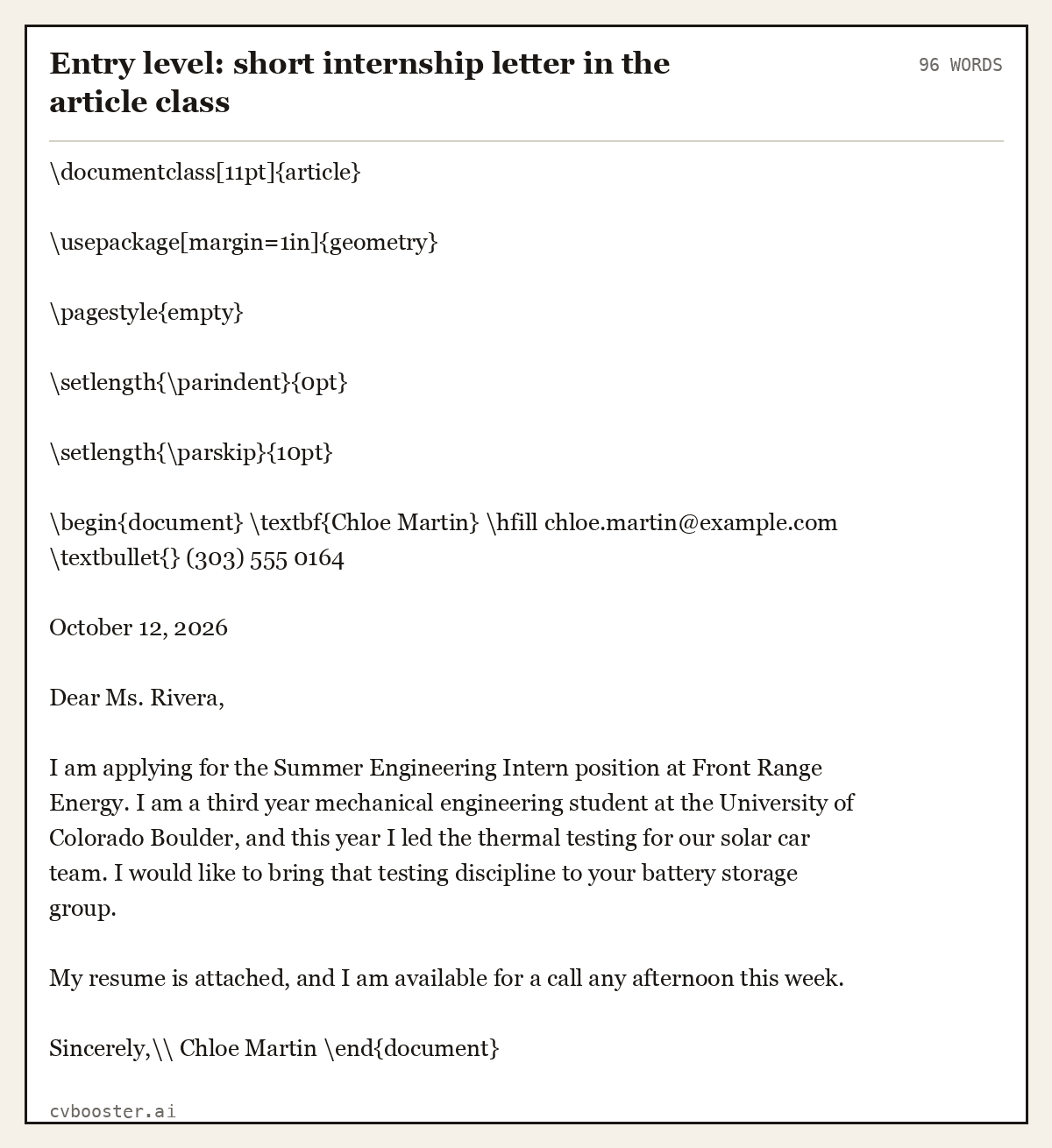 Complete Entry level: short internship letter in the article class example, 96 words, laid out as it would sit in the application form