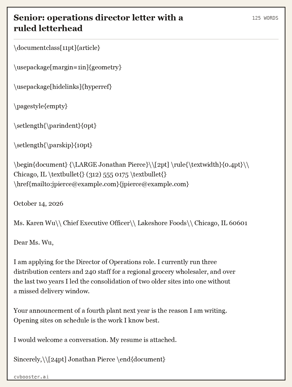 Complete Senior: operations director letter with a ruled letterhead example, 125 words, laid out as it would sit in the application form