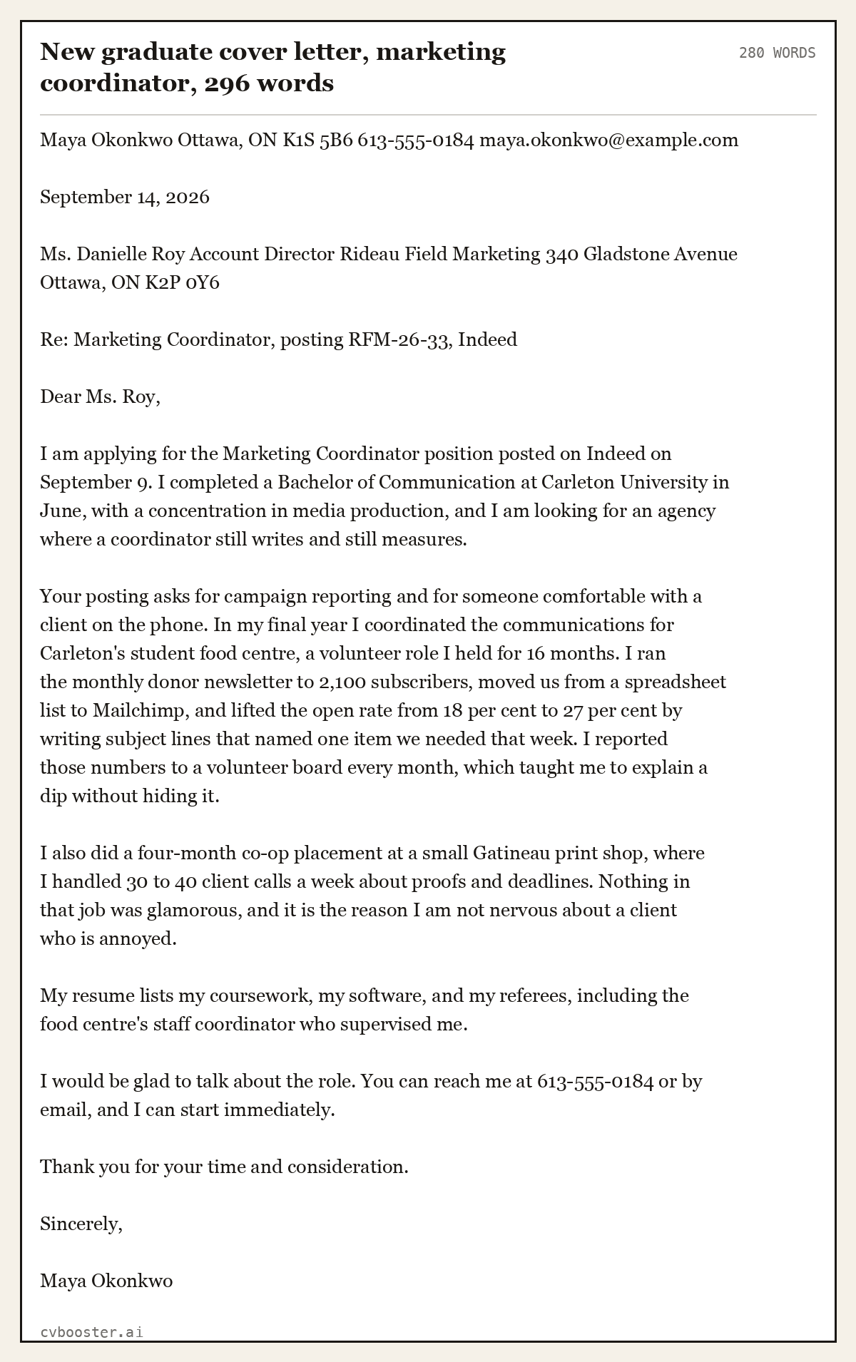 Complete New graduate cover letter, marketing coordinator example, 280 words, laid out as it would sit in the application form