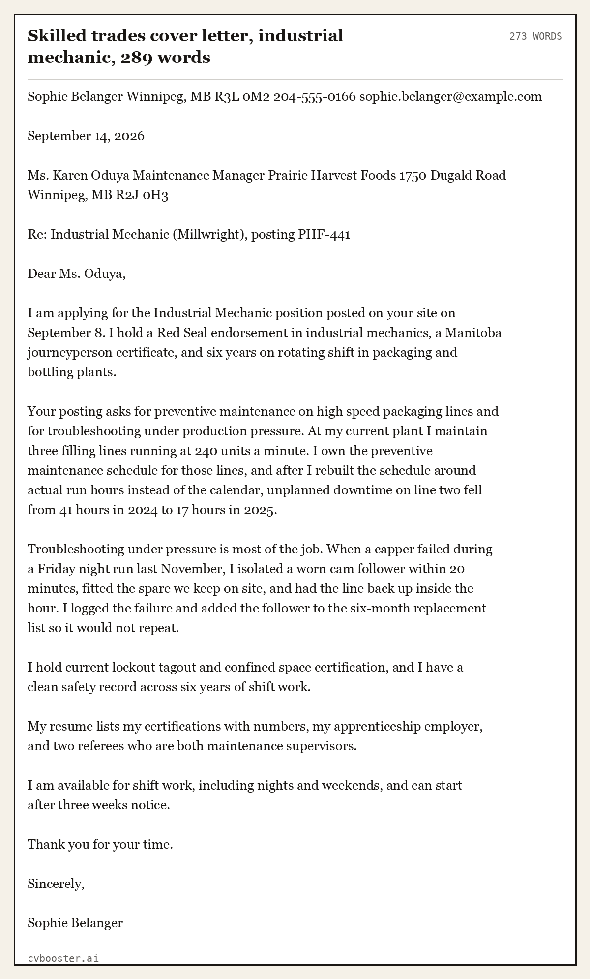 Complete Skilled trades cover letter, industrial mechanic example, 273 words, laid out as it would sit in the application form