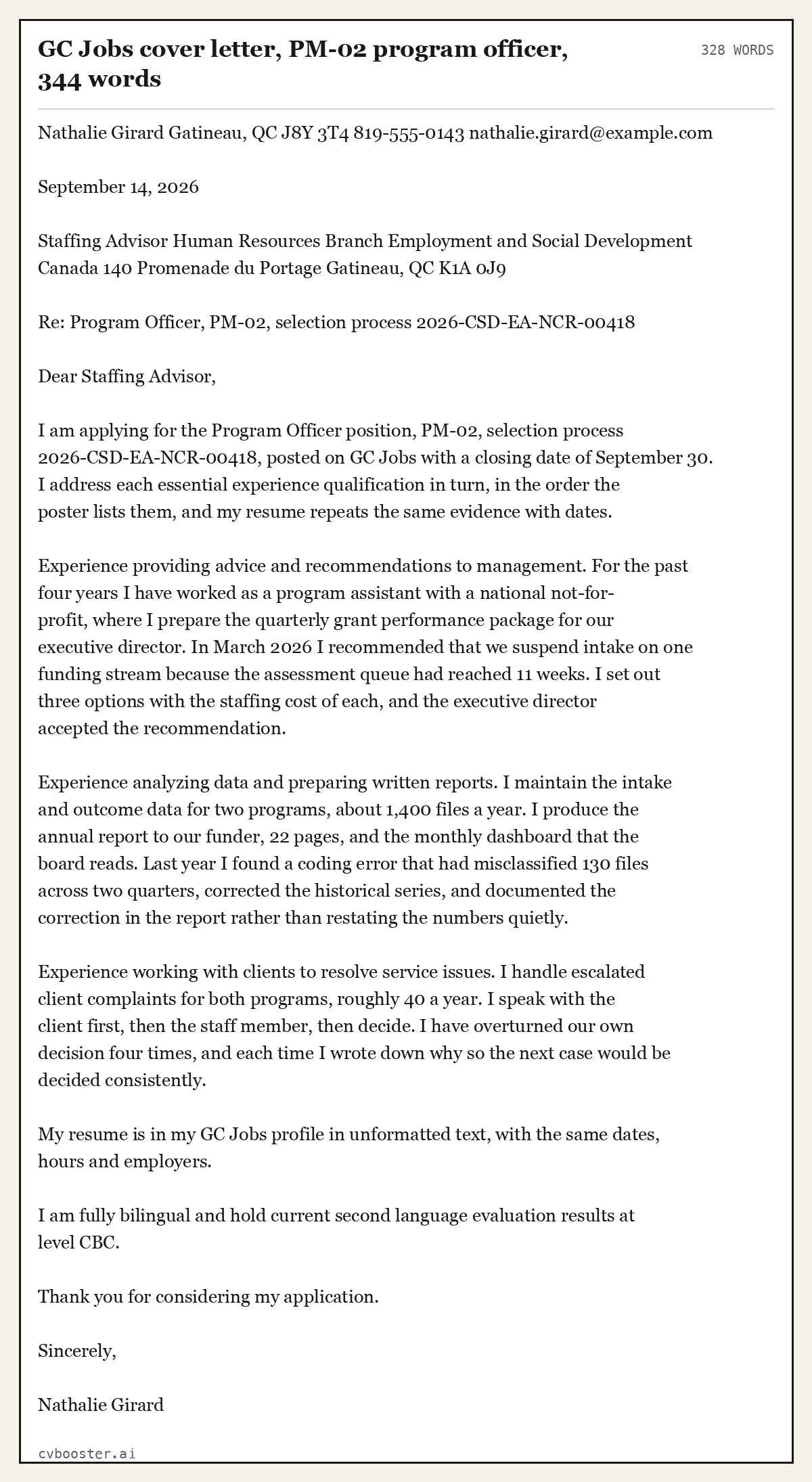 Complete GC Jobs cover letter, PM-02 program officer example, 328 words, laid out as it would sit in the application form