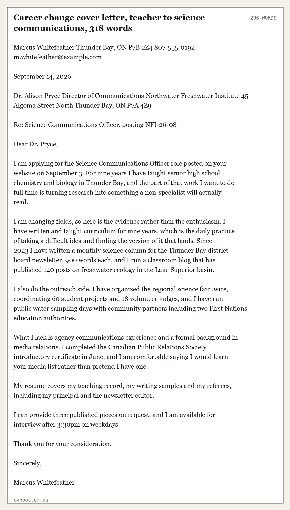 Complete Career change cover letter, teacher to science communications example, 296 words, laid out as it would sit in the application form