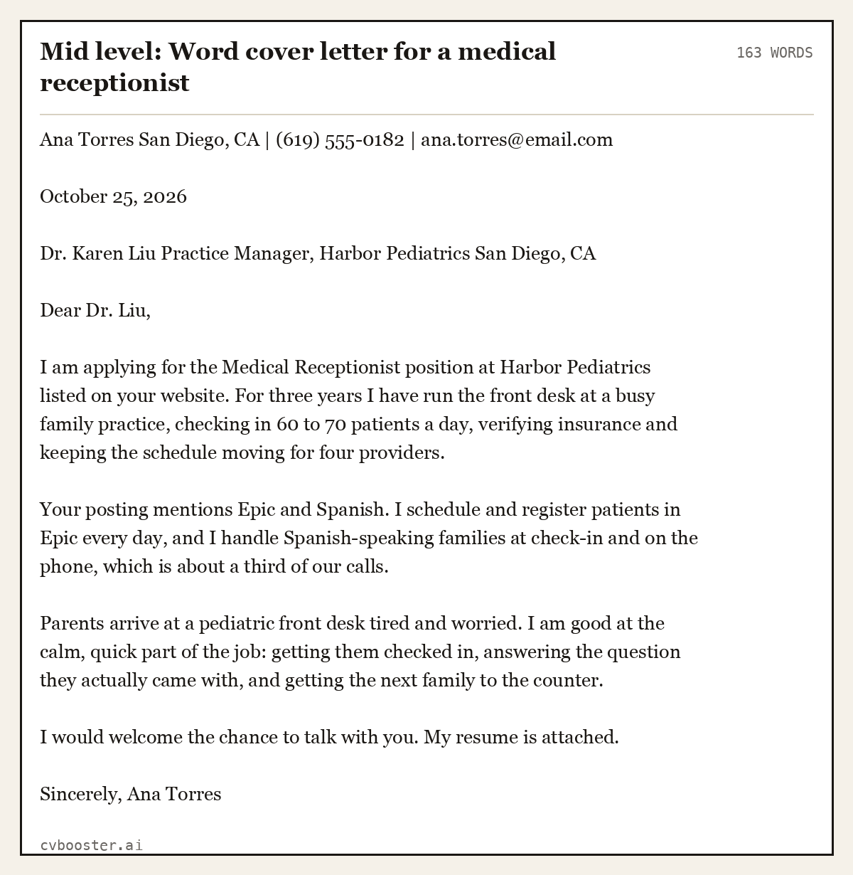 Mid level: Word cover letter for a medical receptionist, complete example, 163 words