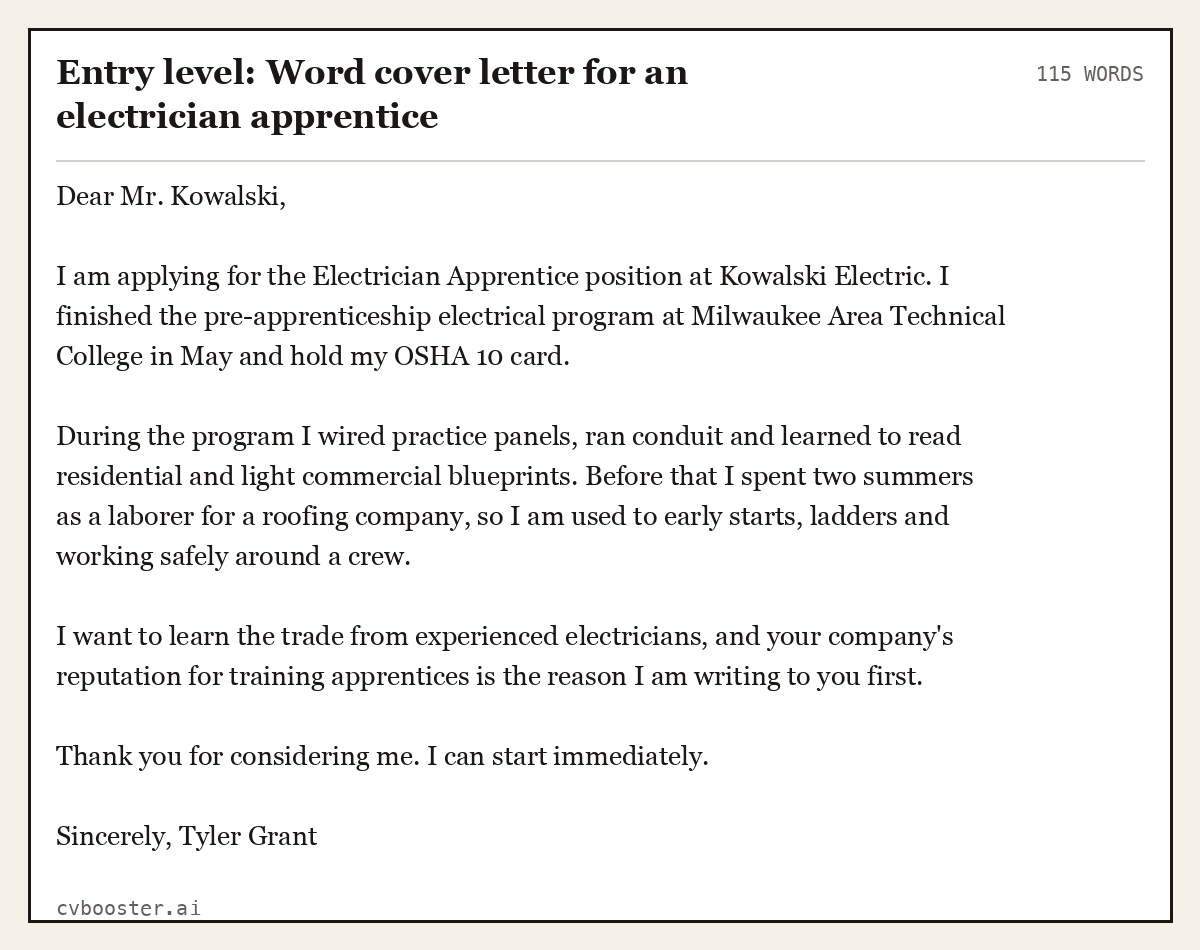 Entry level: Word cover letter for an electrician apprentice, complete example, 115 words