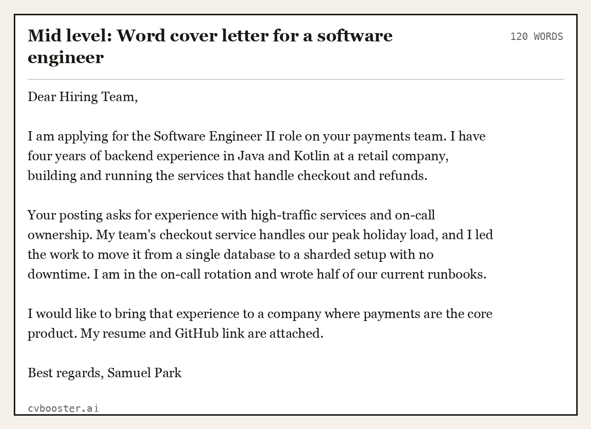 Mid level: Word cover letter for a software engineer, complete example, 120 words
