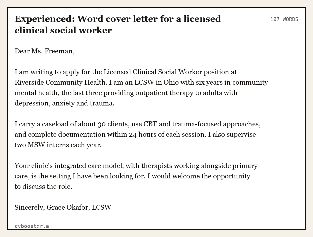 Experienced: Word cover letter for a licensed clinical social worker, complete example, 107 words
