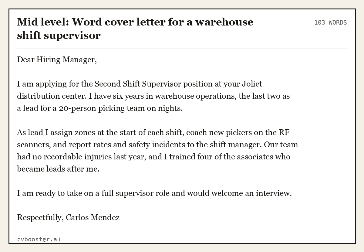 Mid level: Word cover letter for a warehouse shift supervisor, complete example, 103 words