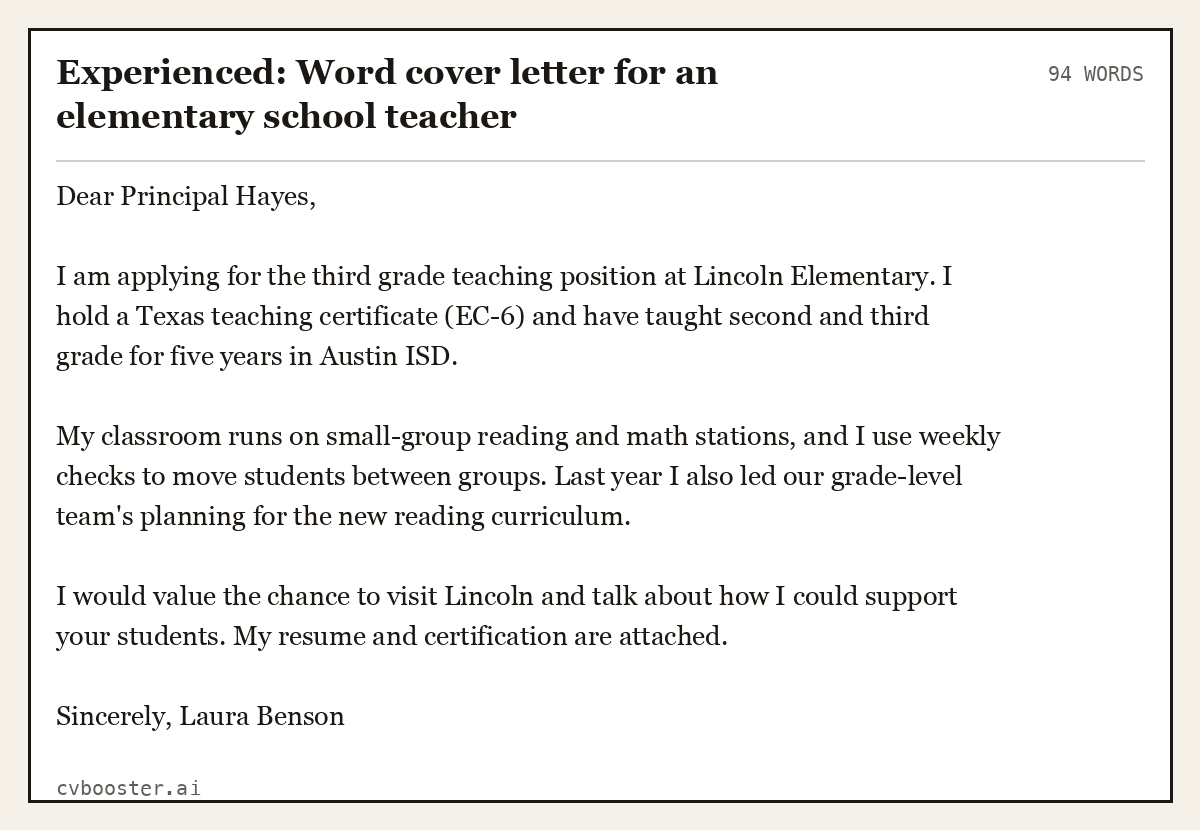 Experienced: Word cover letter for an elementary school teacher, complete example, 94 words