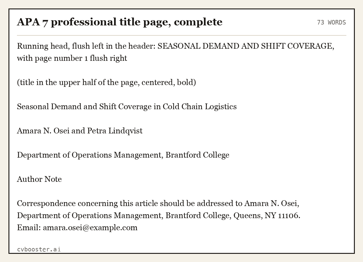 Complete APA 7 professional title page, complete example, 73 words, laid out as it would sit in the application form