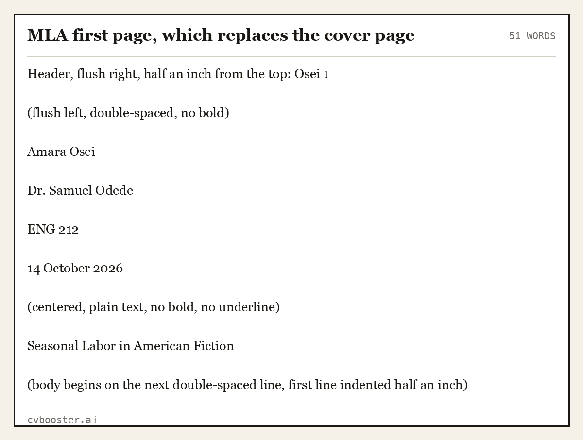 Complete MLA first page, which replaces the cover page example, 51 words, laid out as it would sit in the application form