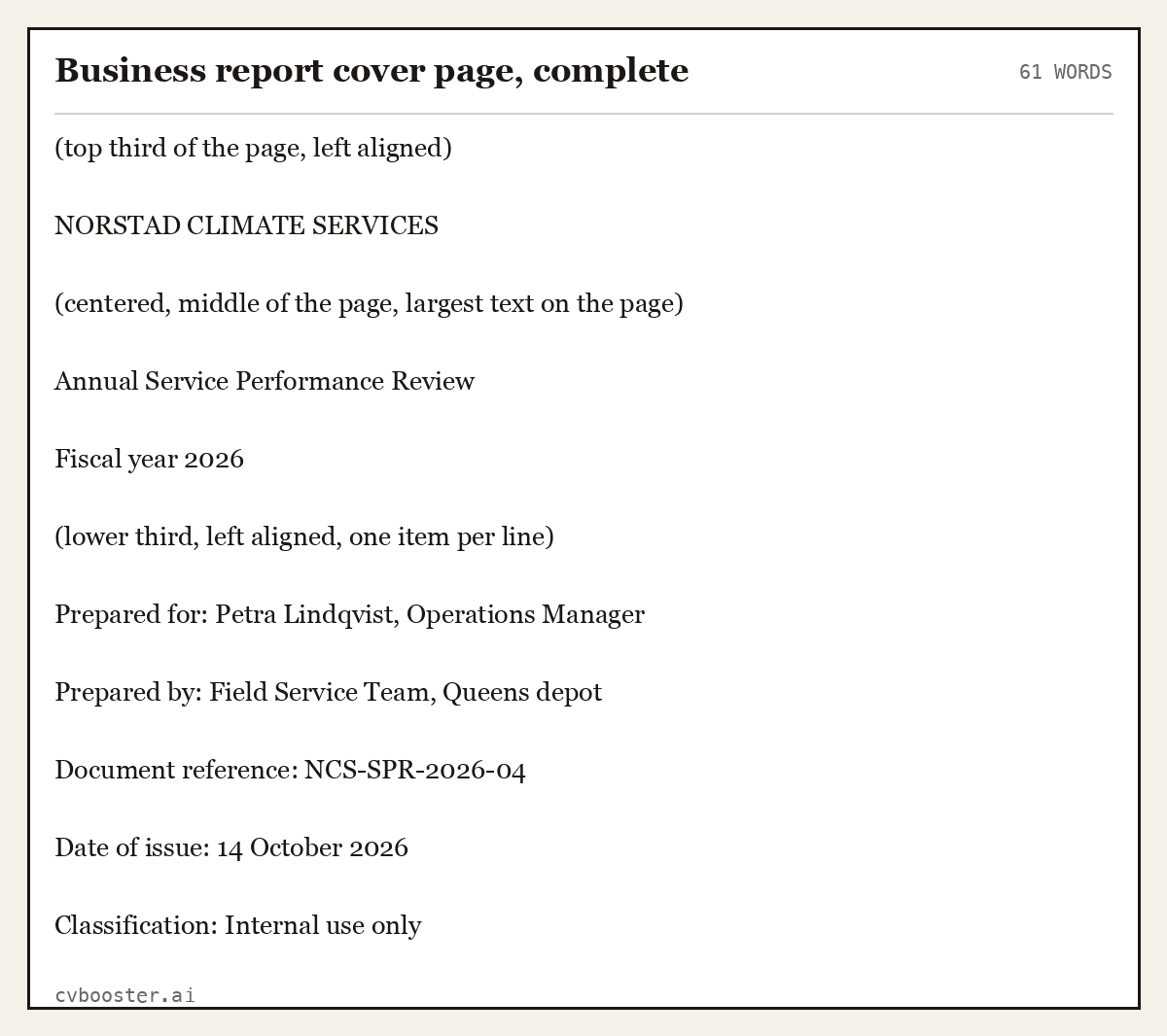 Complete Business report cover page, complete example, 61 words, laid out as it would sit in the application form